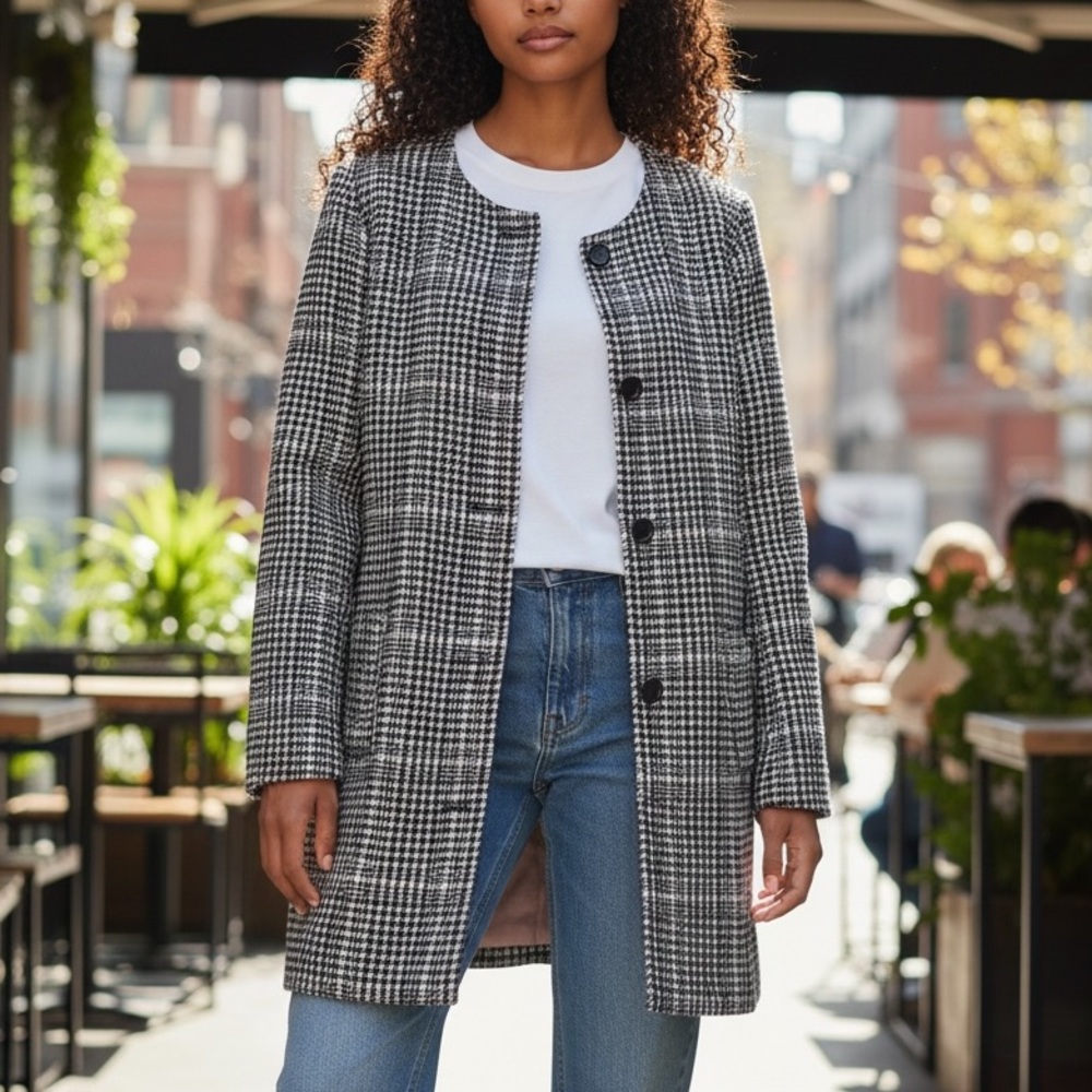 Nanette Lepore Black and White Houndstooth Wool Blend Coat